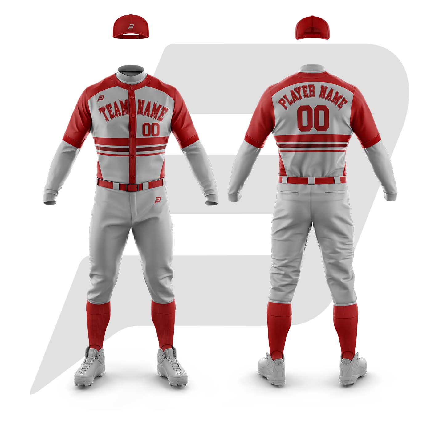 Customize Grey Pant Red Stripes Shirt Baseball Uniform With Custom Team Name & Logo