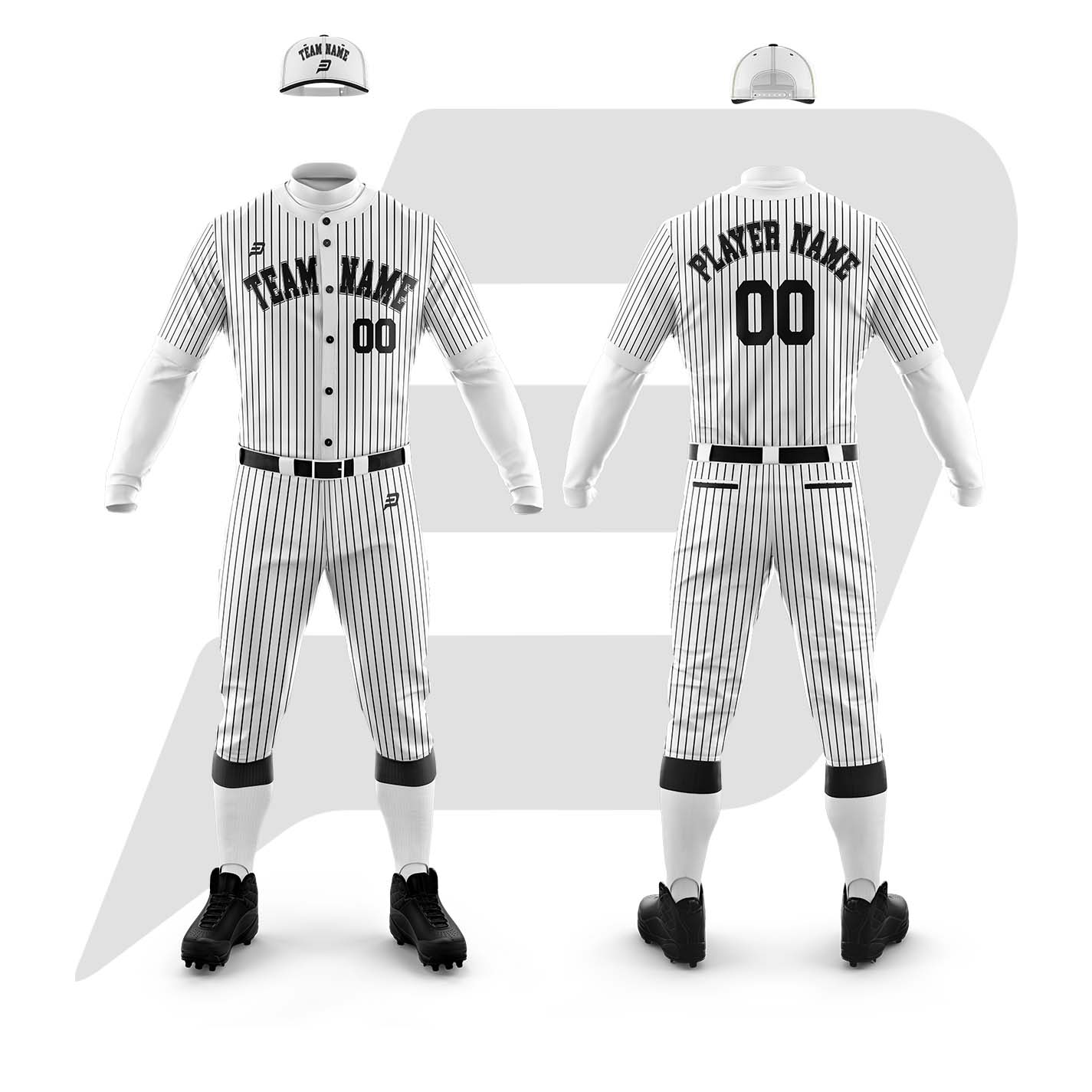 Customize White Pinstripe Black Authentic Baseball Uniform With Custom Team Name & Logo