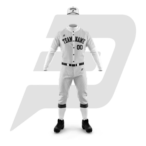 Customize White Pinstripe Black Authentic Baseball Uniform With Custom Team Name & Logo