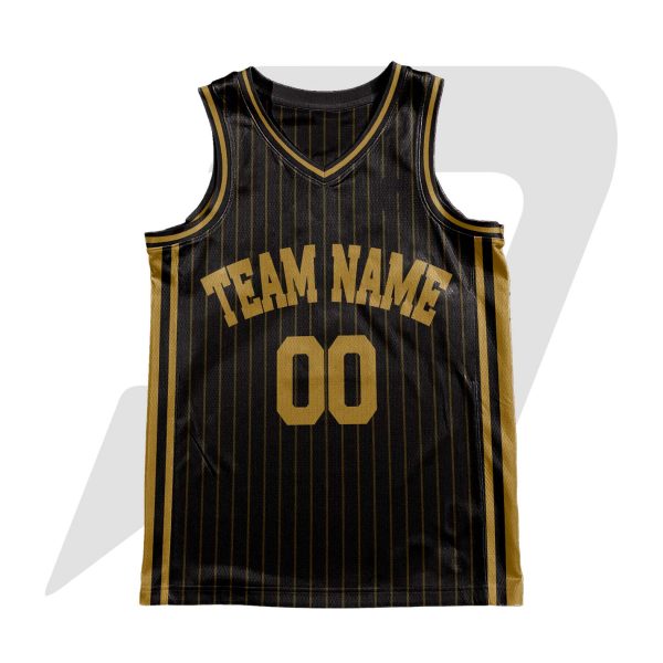 Custom Basketball Throwback Uniform Black Golden Pinstripes & Text with Golden Black Border