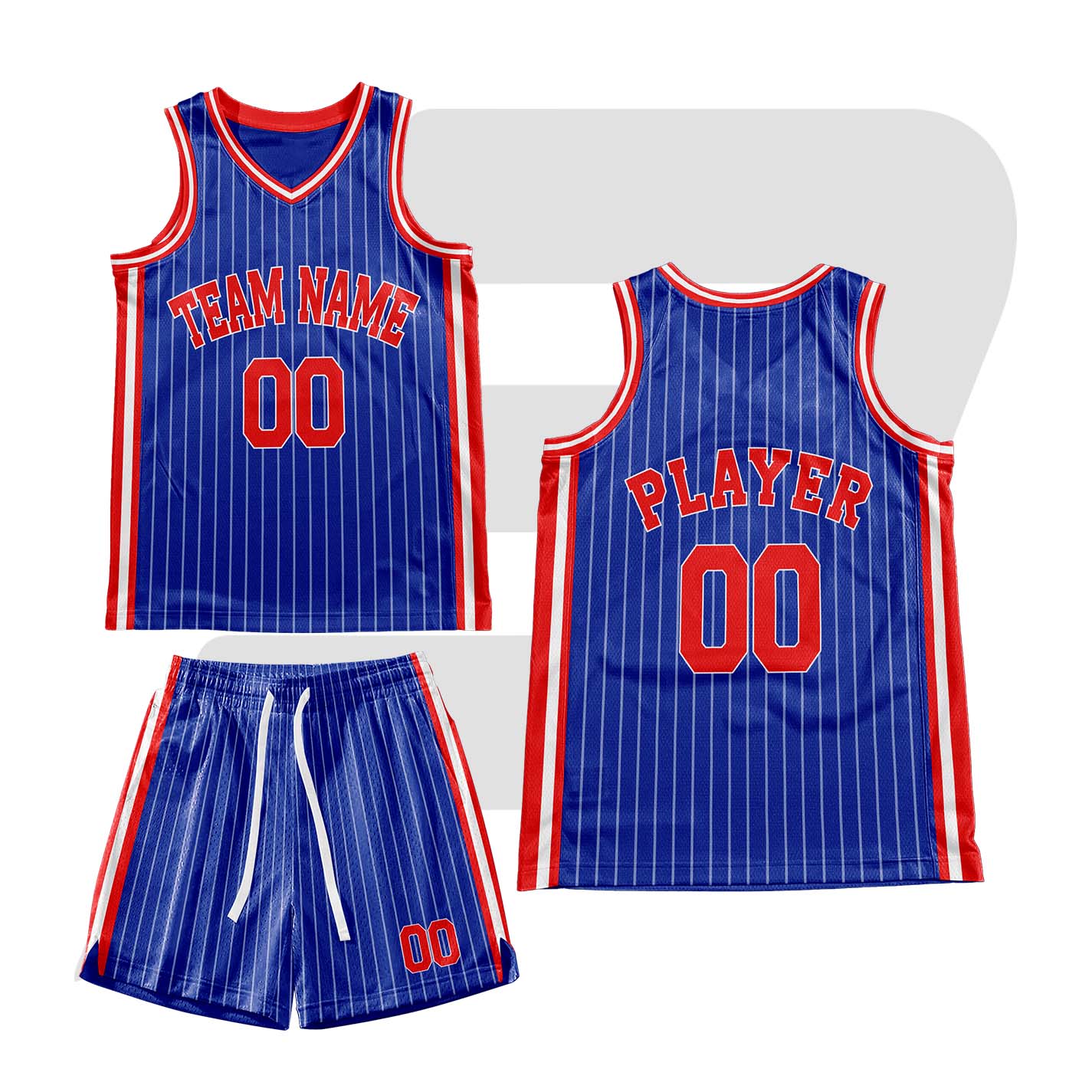 Custom Basketball Throwback Uniform Blue With Red Text White Pinstripes & Border