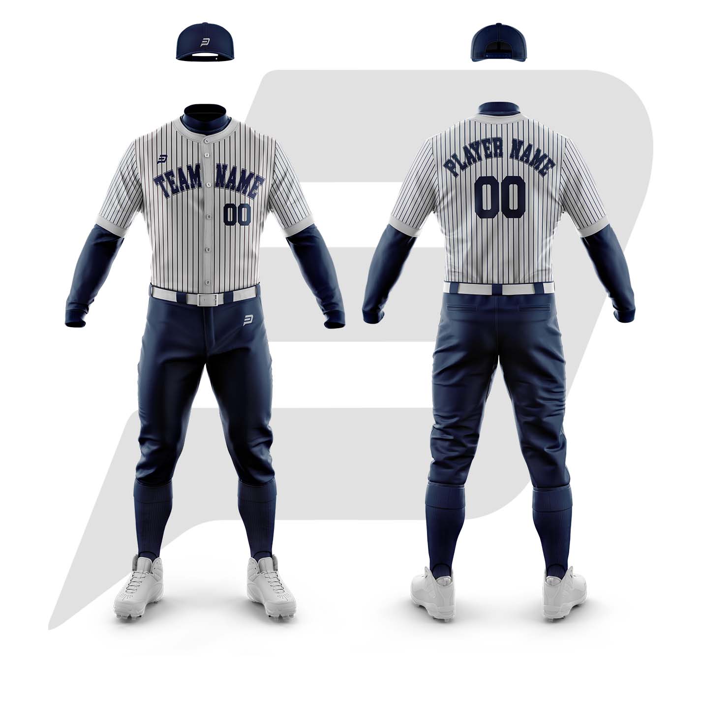 Customize Blue Pant Grey Shirt Pinstripe Blue Baseball Uniform With Custom Team Name & Logo