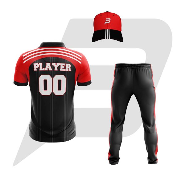 Custom Cricket Uniform Black Red White Stripes Design
