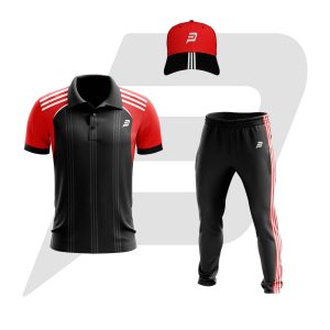 Custom Cricket Uniform Black Red White Stripes Design