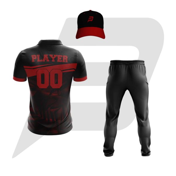 Custom Cricket Uniform Black with Red Panel Design Front View