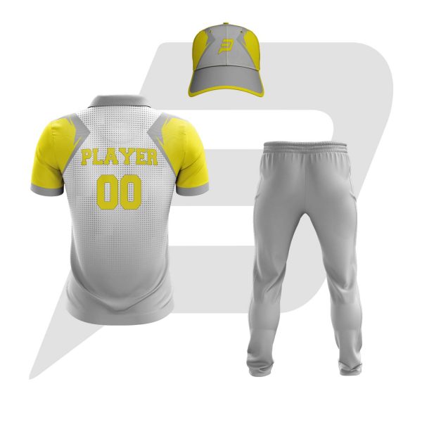 Custom Cricket Uniform Grey Halftone With Yellow Sleeves Back View