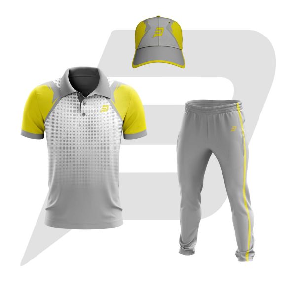 Custom Cricket Uniform Grey Halftone With Yellow Sleeves