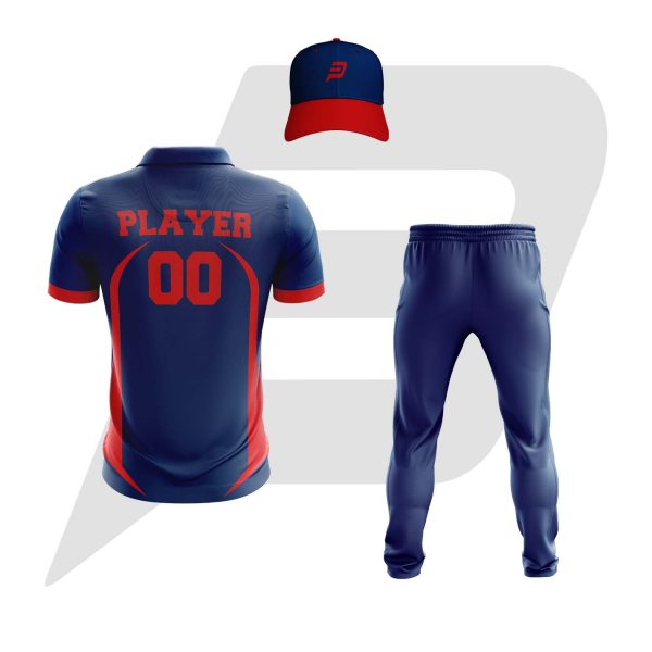 Custom Cricket Uniform Navy Blue With Red Side Panel Design Back View