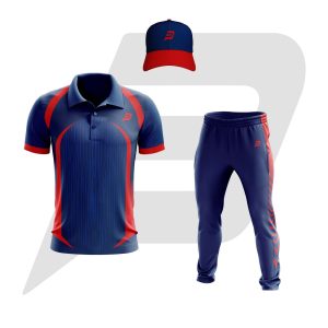 Custom Cricket Uniform Navy Blue With Red Side Panel Design