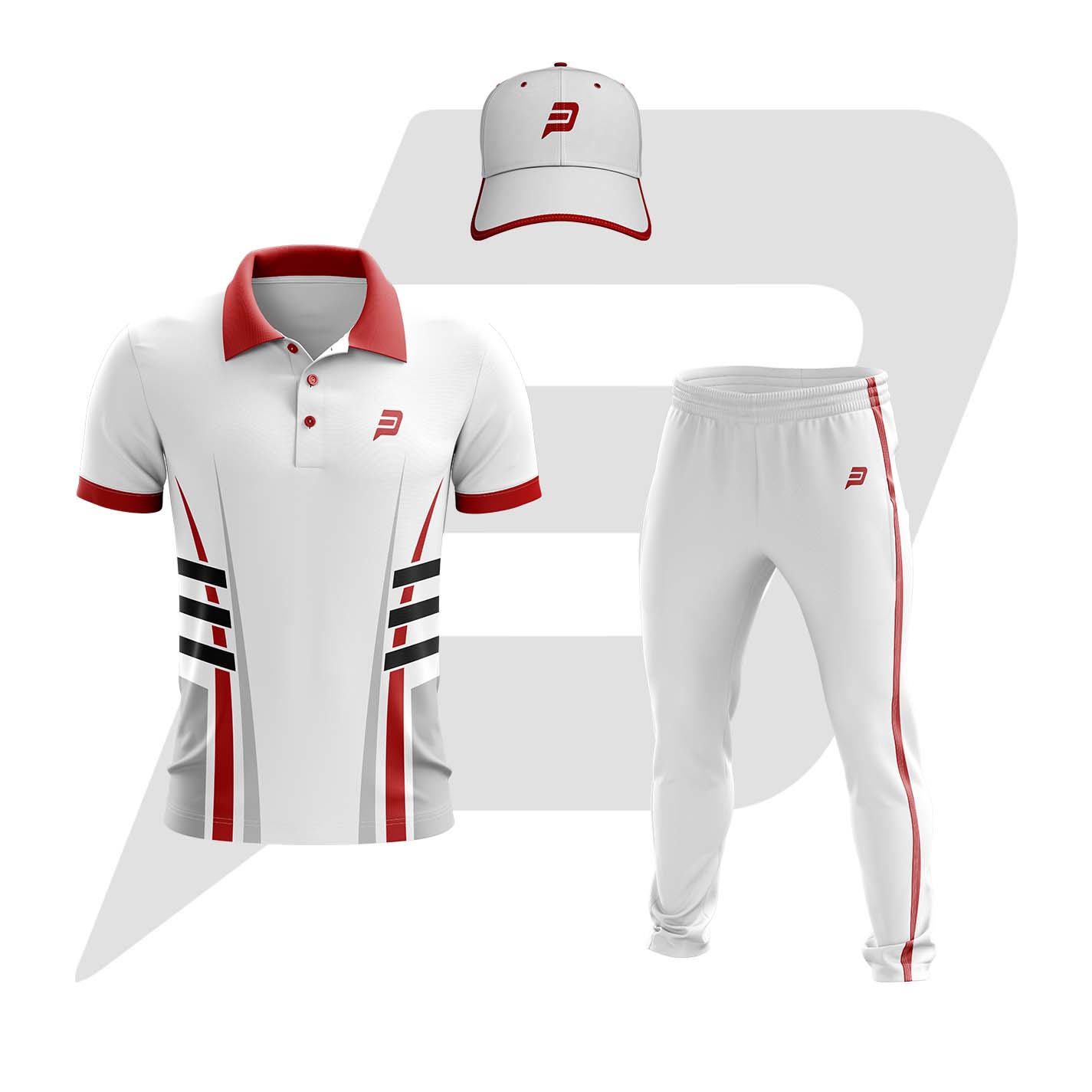 Custom Cricket Uniform White Body With Red Black Side Panel Design