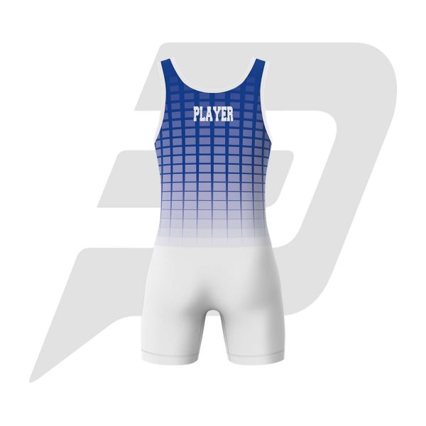 Custom Wrestling Uniform Singlet White & Blue Box Pattern Design