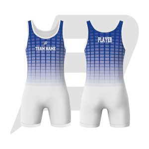 Custom Wrestling Uniform Singlet White & Blue Box Pattern Design