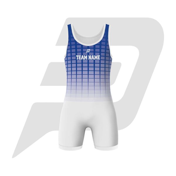 Custom Wrestling Uniform Singlet White & Blue Box Pattern Design