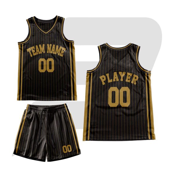Custom Basketball Throwback Uniform Black Golden Pinstripes & Text with Golden Black Border