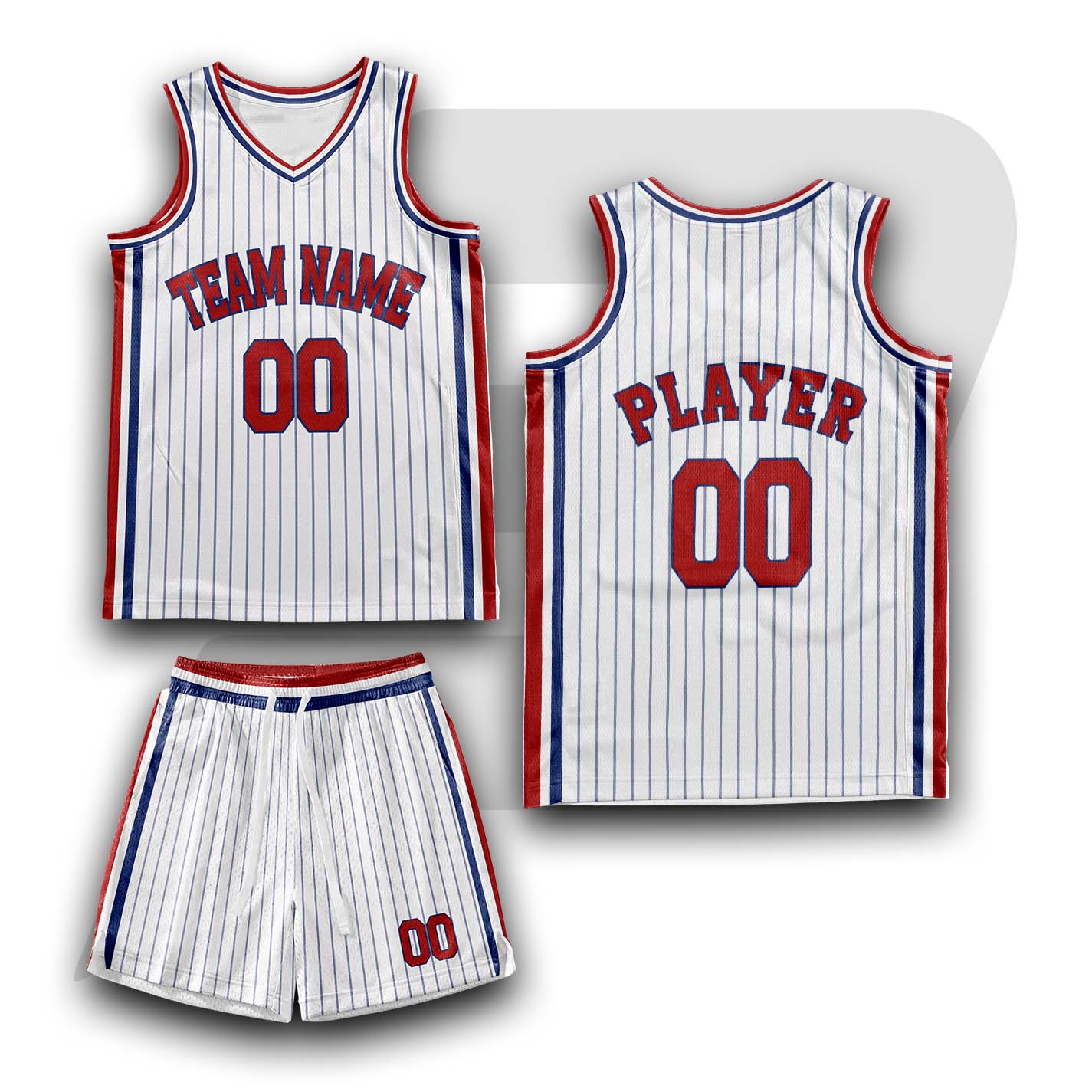 Custom Basketball Throwback Uniform White Color Pinstripes With Red & Blue Border