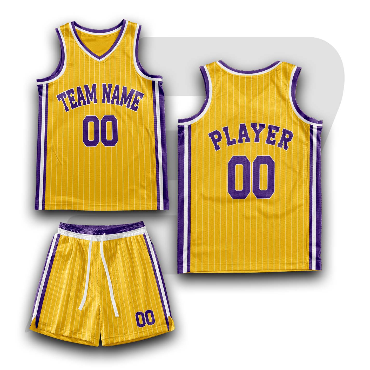Custom Basketball Throwback Uniform Yellow Color Pinstripes With White Purple Collar & Border