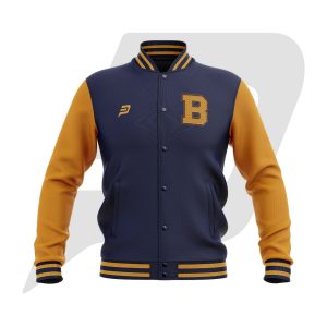 Custom Bomber Varsity Jacket Blue Body & Orange Sleeves with custom Logo