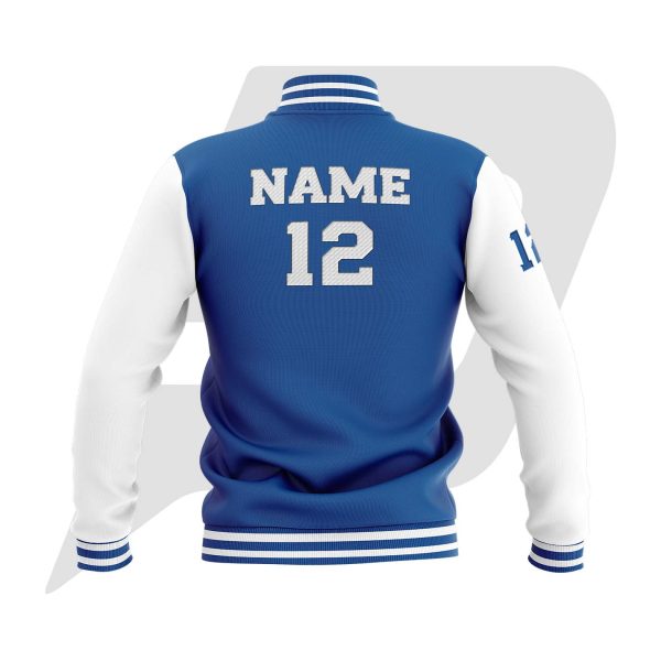 Custom Bomber Varsity Jacket Blue Body & White Sleeves with custom Logo, Letter & Player/ Team Name