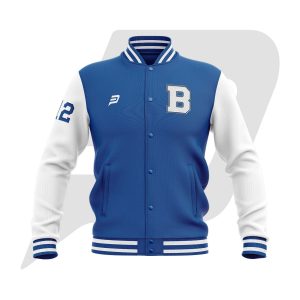 Custom Bomber Varsity Jacket Blue Body & White Sleeves with custom Logo, Letter & Player/ Team Name