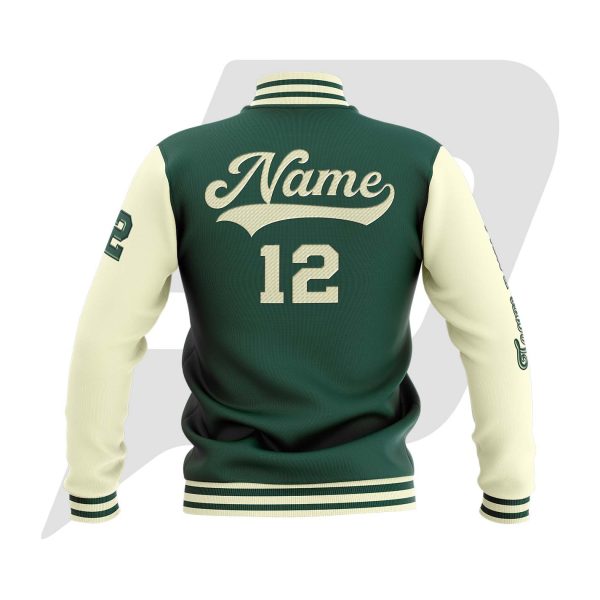 Custom Bomber Varsity Jacket Green Body & Off White Sleeves with custom Logo, Letter & Player & Team Name