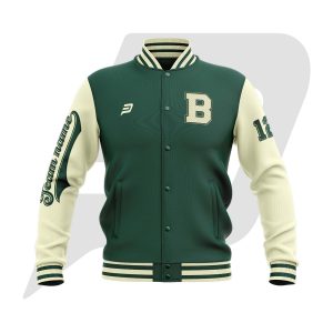 Custom Bomber Varsity Jacket Green Body & Off White Sleeves with custom Logo, Letter & Player & Team Name