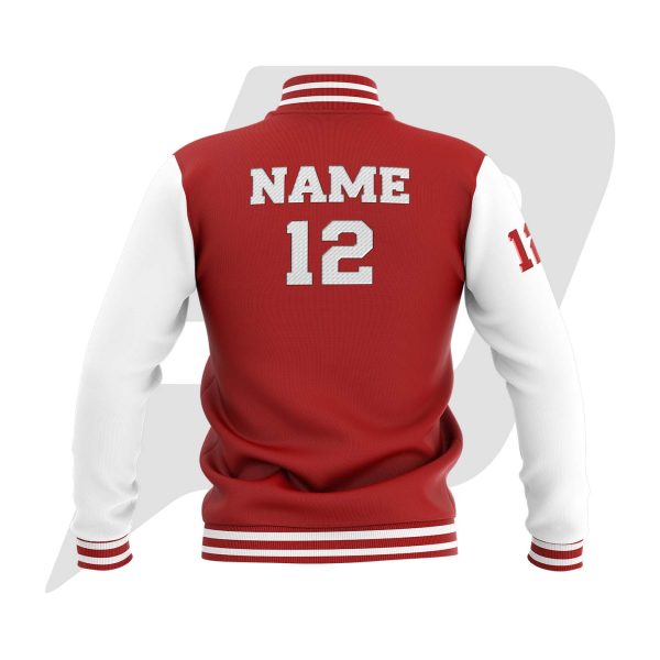 Custom Bomber Varsity Jacket Red Body & White Sleeves with custom Logo, Letter & Player & Team Name