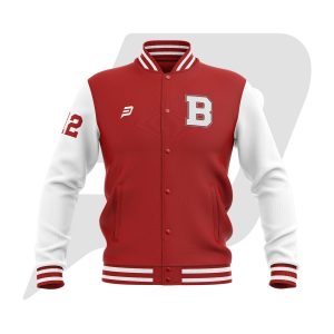 Custom Bomber Varsity Jacket Red Body & White Sleeves with custom Logo, Letter & Player & Team Name