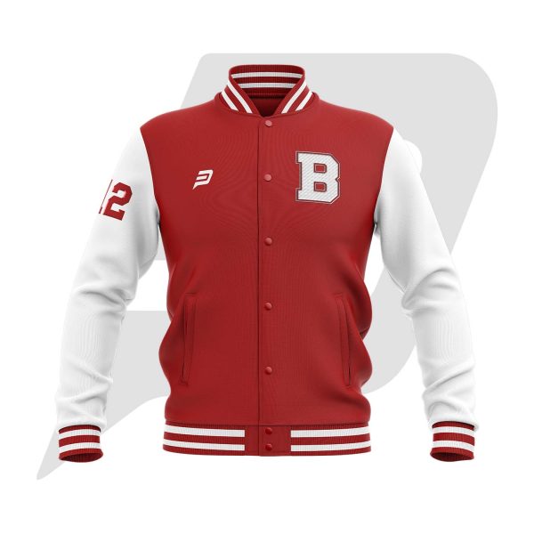 Custom Bomber Varsity Jacket Red Body & White Sleeves with custom Logo, Letter & Player & Team Name