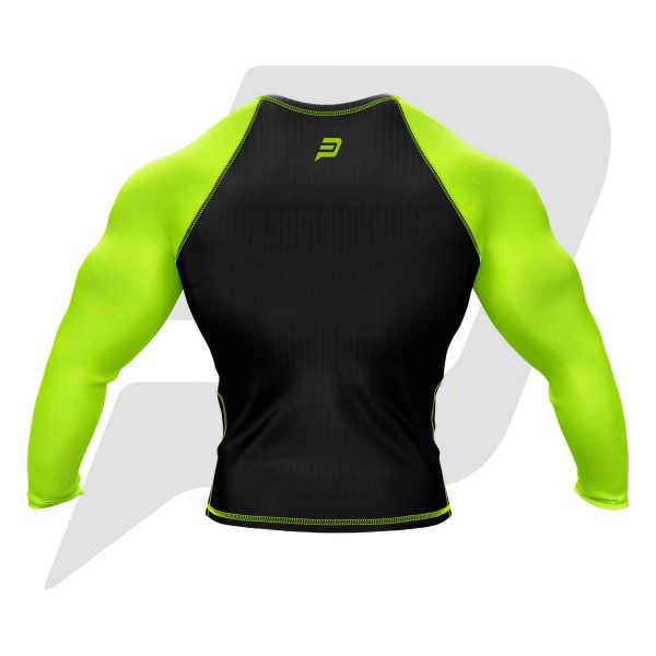 Custom Rash Guard- Compression Shirt Black Body Green Sleeves Full Sleeves