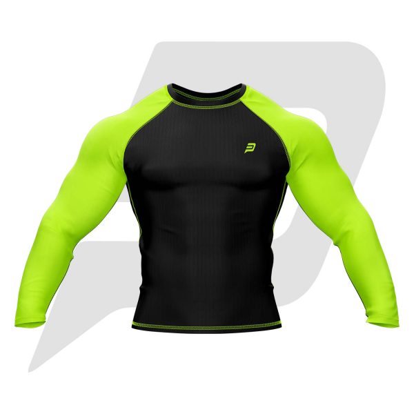 Custom Rash Guard- Compression Shirt Black Body Green Sleeves Full Sleeves