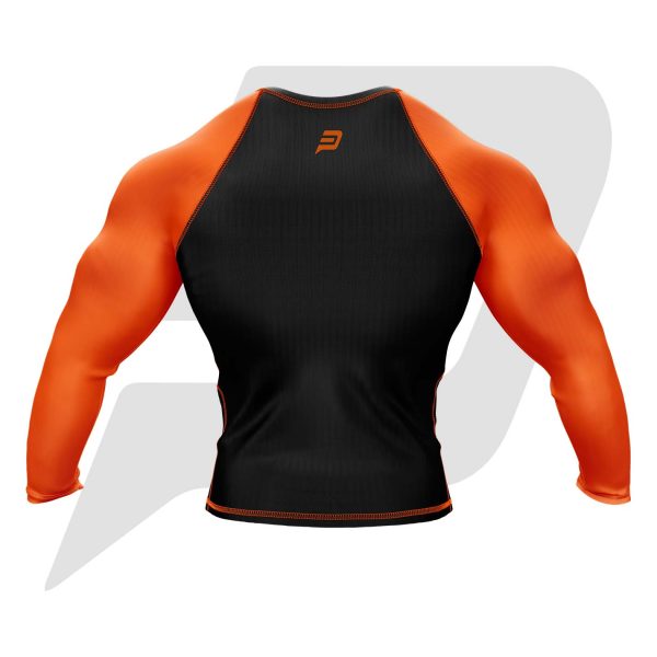 Custom Rash Guard- Compression Shirt Black Body Orange Sleeves Full Sleeves