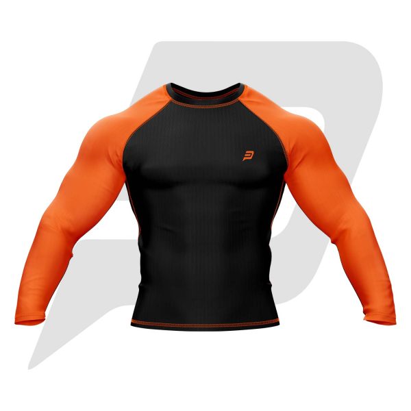 Custom Rash Guard- Compression Shirt Black Body Orange Sleeves Full Sleeves