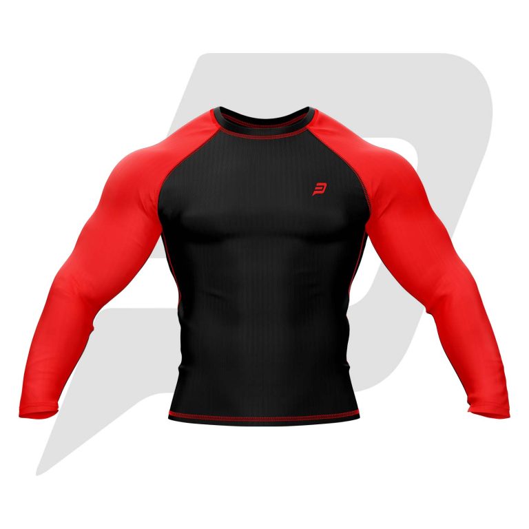 Custom Rash Guard- Compression Shirt Black Body Red Sleeves Full Sleeves