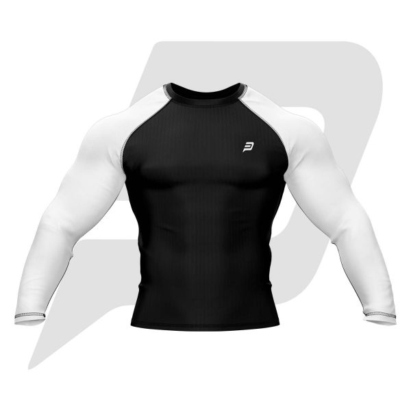 Custom Rash Guard- Compression Shirt Black Body White Sleeves Full Sleeves