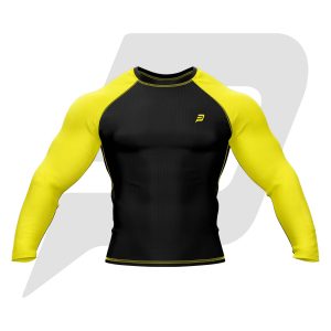 Custom Rash Guard- Compression Shirt Black Body Yellow Sleeves Full Sleeves