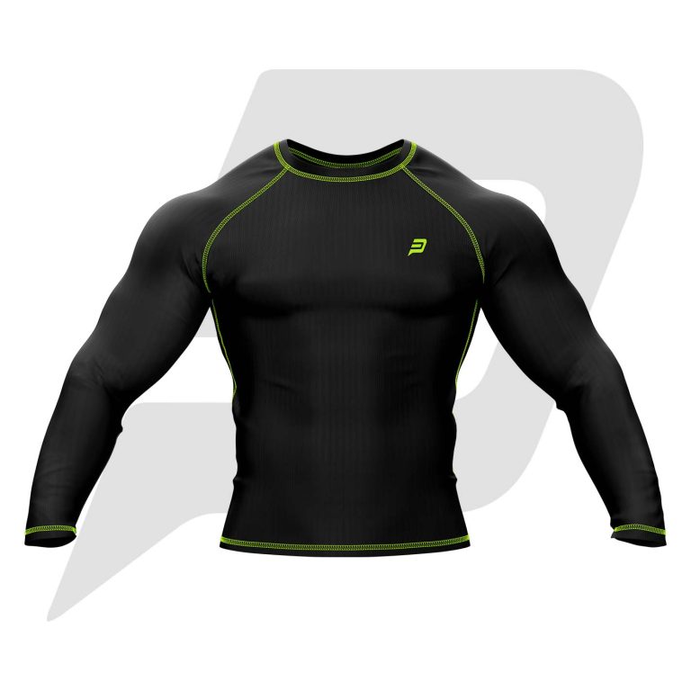 Custom Rash Guard- Compression Shirt Black Body With Green Interlocked Flat Seams Full Sleeves