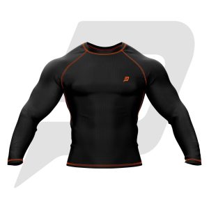 Custom Rash Guard- Compression Shirt Black Body With Orange Interlocked Flat Seams Full Sleeves
