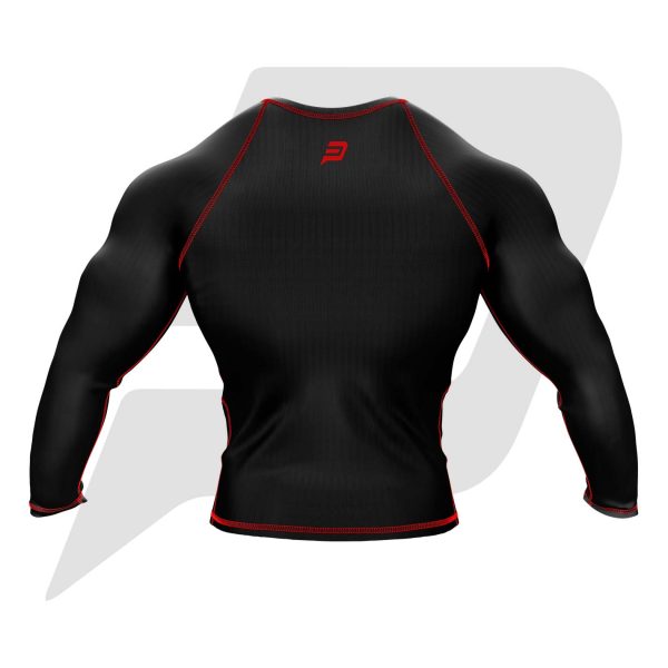 Custom Rash Guard- Compression Shirt Black Body With Red Interlocked Flat Seams Full Sleeves