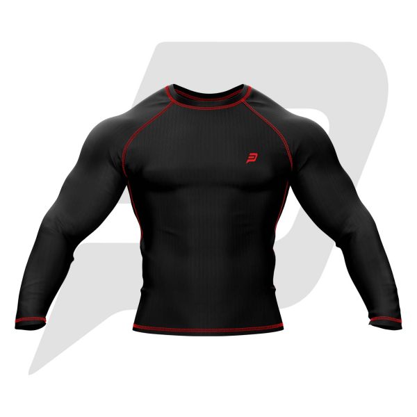 Custom Rash Guard- Compression Shirt Black Body With Red Interlocked Flat Seams Full Sleeves