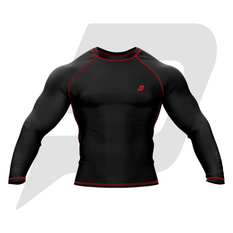 Custom Rash Guard- Compression Shirt Black Body With Red Interlocked Flat Seams Full Sleeves