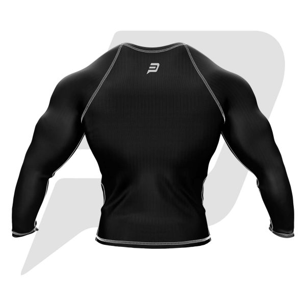Custom Rash Guard- Compression Shirt Black Body With White Interlocked Flat Seams Full Sleeves