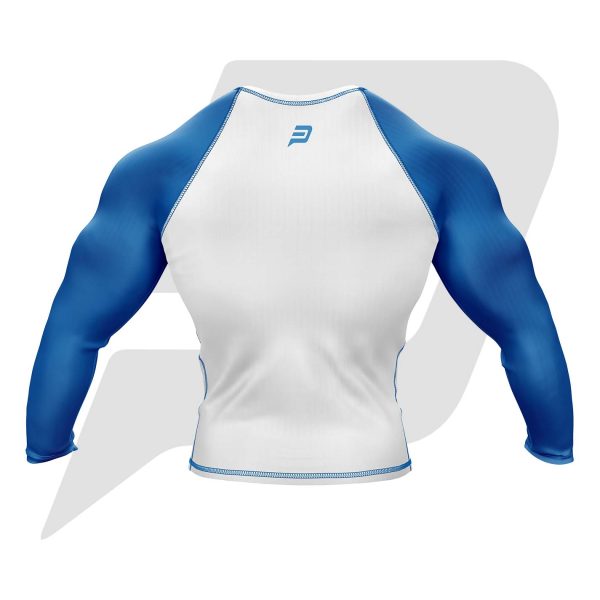 Custom Rash Guard- Compression Shirt White Body Blue Sleeves Full Sleeves