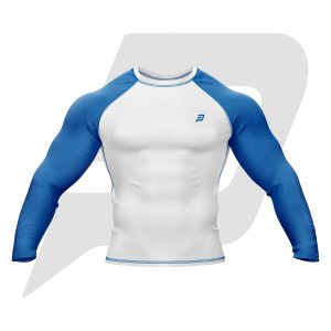 Custom Rash Guard- Compression Shirt White Body Blue Sleeves Full Sleeves