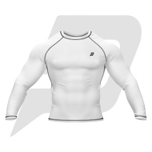 Custom Rash Guard- Compression Shirt White Body With Black Interlocked Flat Seams Full Sleeves