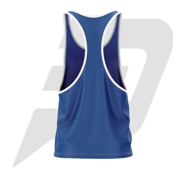 Custom GYM Tank Top For Men Blue WIth White Ribbon Back custom gym tank top, custom tank top, custom gym tank top for men