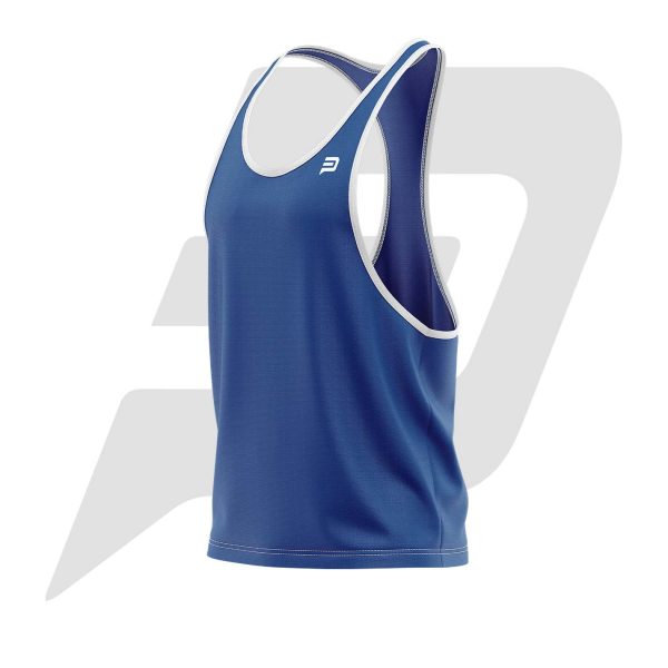 Custom GYM Tank Top For Men Blue WIth White Ribbon Front custom gym tank top, custom tank top, custom gym tank top for men