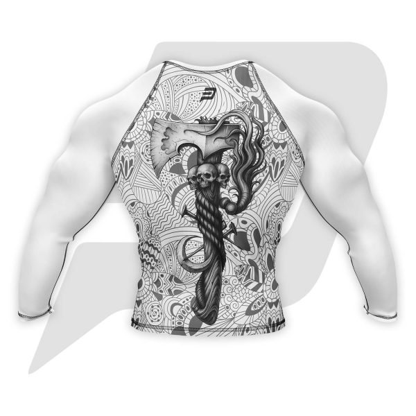 Custom Rash Guard- Compression Shirt WIth Skull & Magician Sublimation Design Full Sleeve Back View Custom Rash Guard- Compression Shirt Magician & Skull Sublimation Design Full Sleeves