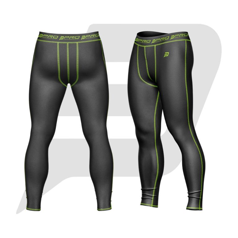 Custom Men Compression Pant Black Color With Green Interlocked Flat Seams