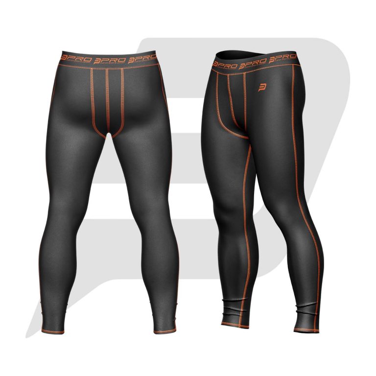 Custom Men Compression Pant Black Color With Orange Interlocked Flat Seams