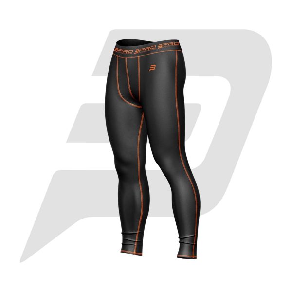 Custom Men Compression Pant Black Color With Orange Interlocked Flat Seams